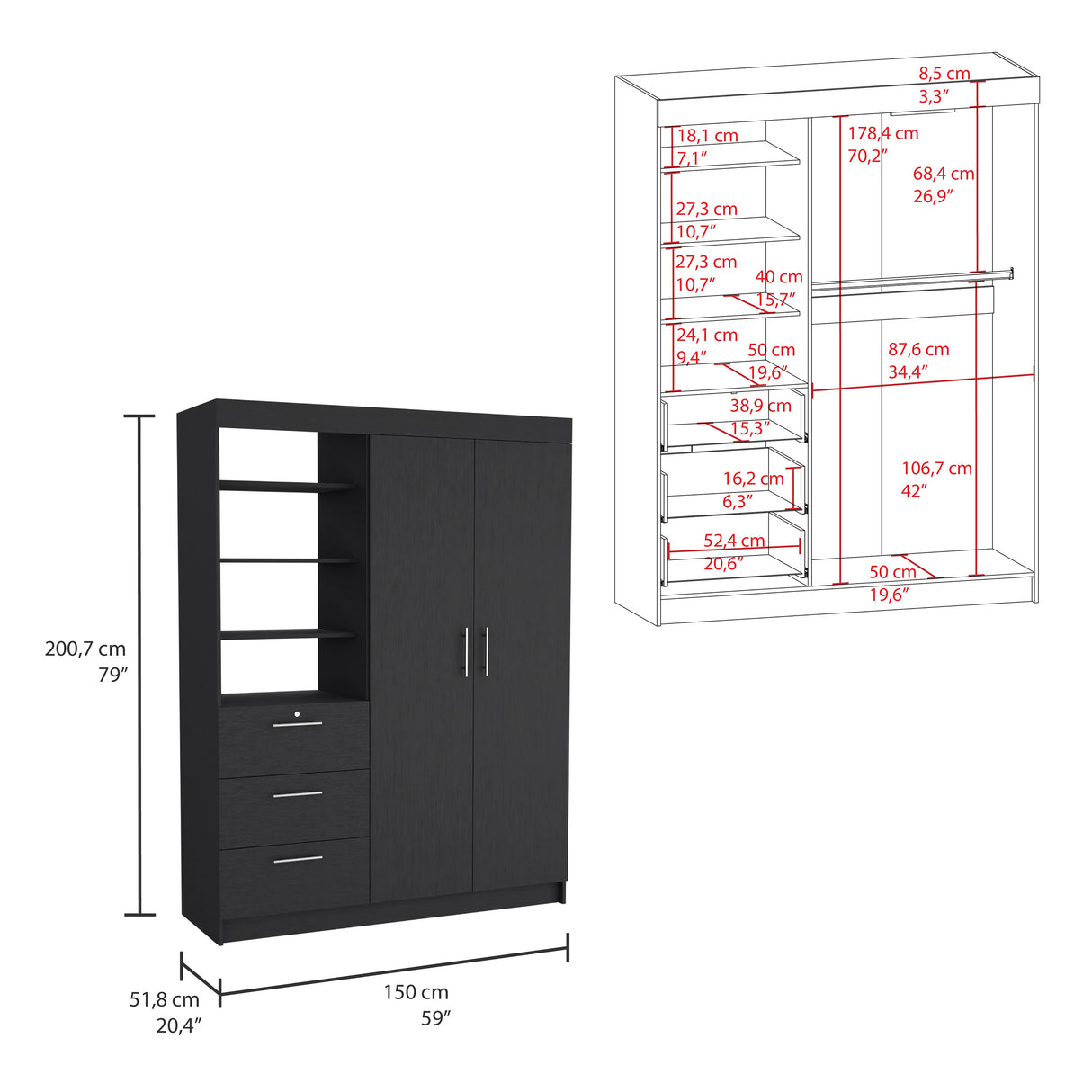Peyton 2 Piece Bedroom Set, Armoire + Nightstand, Black - sold by Home Elegance USA