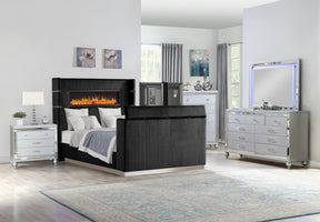 Lavish Modern Style 5 Pc King Bedroom Set Made with Fireplace in Headboard & TV stand in Footboard with Wood in Black