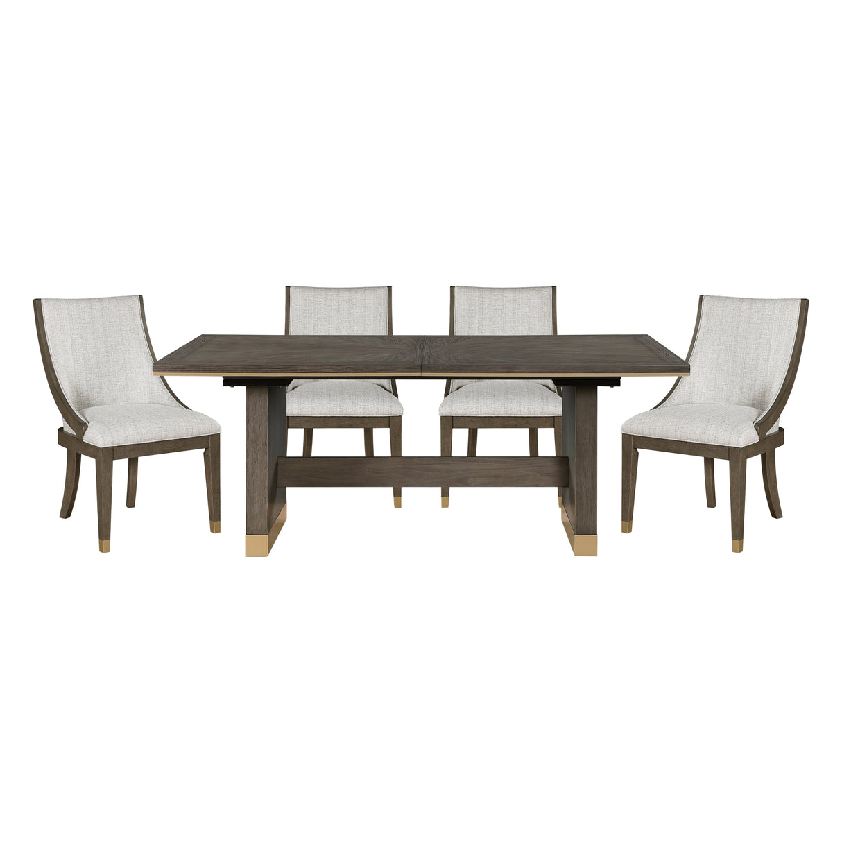 Modern Brown Finish 5pc Dining Set Extension Dining Table and 4x Armchairs Set Gold Tipping Upholstered Dining Kitchen Furniture