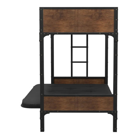 Industrial Style Unique Bunk Bed Twin Over Futon Metal Structure Attached Ladder With Wood Panels Nailhead Trim Black Finish Mattress-Not Included - sold by Home Elegance USA