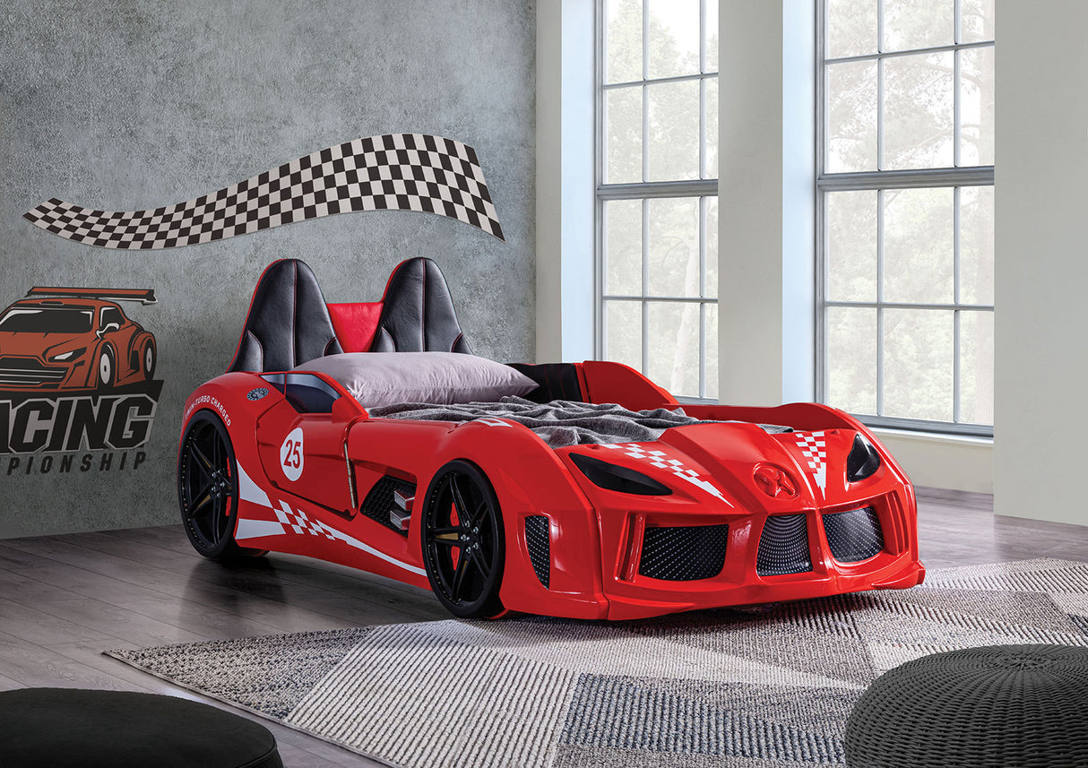 Red Finish Twin Size Race Car Design Bed Modern Novelty Style Attached Two Magnetic Doors With LED Lights On Wheels And Bottom Upholstery Headboard And Sides
