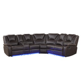 Modern Faux Leather Manual Reclining Sectional Sofa with Center Console and LED Light Strip, Brown, PU Symmetrical Couch with 2 Cup Holders and Storage