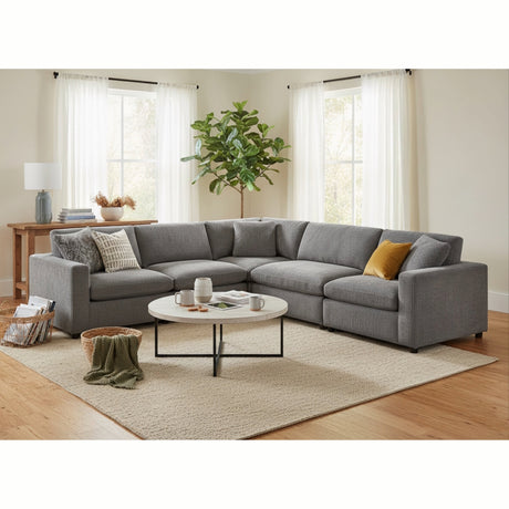 Chelsea Modular 5-Piece Sectional in Charcoal with Plush Polyester Upholstery and Removable Wood Legs - sold by Home Elegance USA