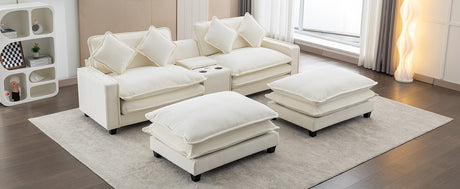 Chenille Upholstered Sectional Sofa with Removable Ottoman, USB Ports, Cup Holders, and Storage, Beige, 111' - sold by Home Elegance USA