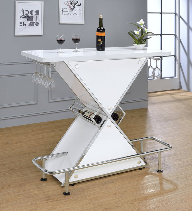 Atoka X - shaped Bar Unit with Wine Bottle Storage Glossy White | Coaster | Home Elegance USA