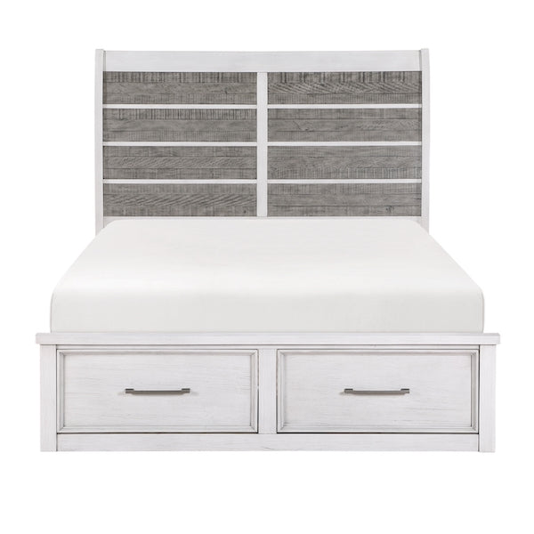 White bed with gray woven headboard and two drawers on a white background