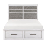 White bed with gray woven headboard and two drawers on a white background