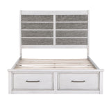 White bed frame with gray woven headboard and two drawers on a white background