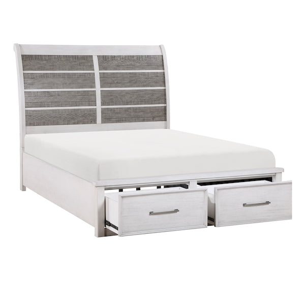 White bed with gray upholstered headboard and storage drawers on a white background