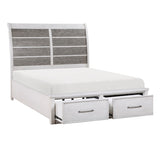White bed with gray upholstered headboard and storage drawers on a white background