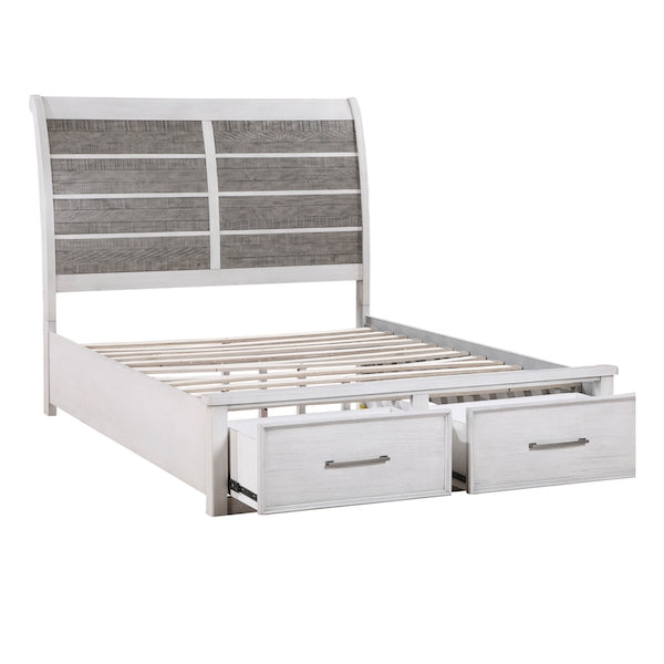 White bed frame with gray upholstered headboard and two drawers on a white background