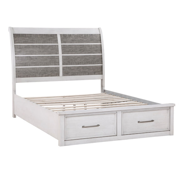 White bed frame with gray upholstered headboard and two drawers on a white background