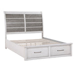 White bed frame with gray upholstered headboard and two drawers on a white background