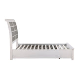 White bed frame with slatted design on a white background