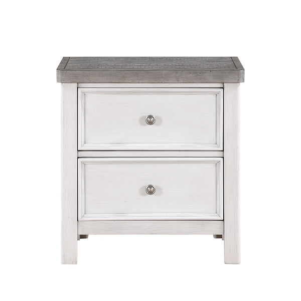 Two-drawer nightstand with gray top and white base on a white background