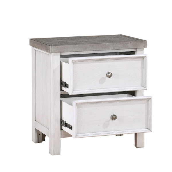 Two-drawer nightstand with gray top and white base on a white background