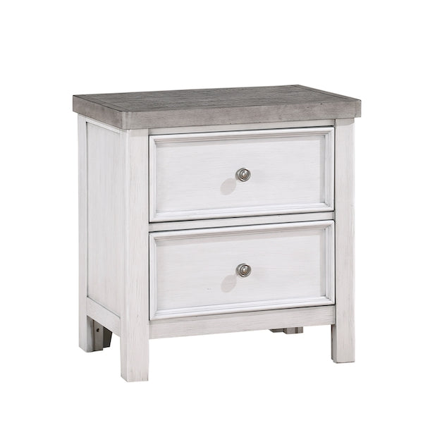 White nightstand with two drawers and a gray top on a white background