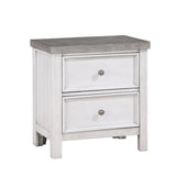 White nightstand with two drawers and a gray top on a white background