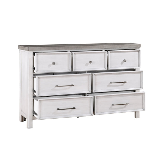 White dresser with gray top on a white background
