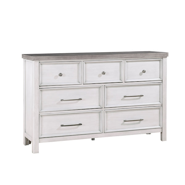 White dresser with gray top on a white background
