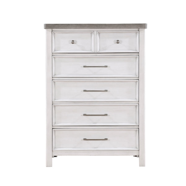White dresser with five drawers on a white background