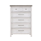 White dresser with five drawers on a white background