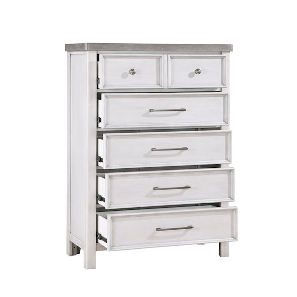 White dresser with five drawers on a white background