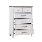 White dresser with five drawers on a white background