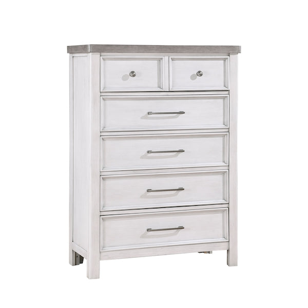 White dresser with five drawers on a white background