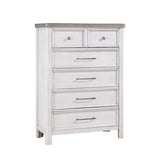 White dresser with five drawers on a white background