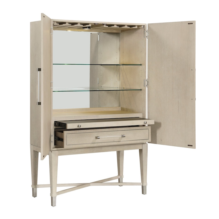Beige bar cabinet with open doors on a white background
