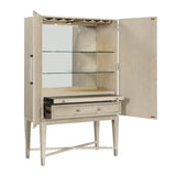 Beige bar cabinet with open doors on a white background