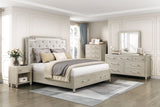 Light oak storage bedroom set with upholstered tufted headboard, USB charging ports, and footboard drawers. Includes bed, dresser, mirror, nightstand, optional chest. Multiple sizes available.