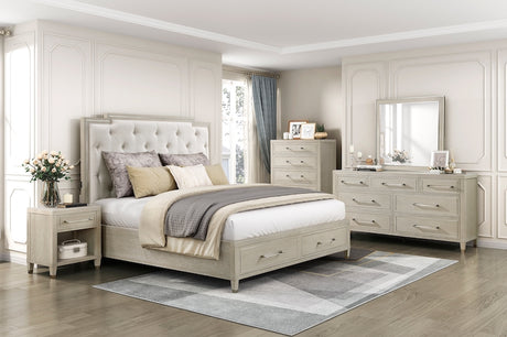 Light oak storage bedroom set with upholstered tufted headboard, USB charging ports, and footboard drawers. Includes bed, dresser, mirror, nightstand, optional chest. Multiple sizes available.