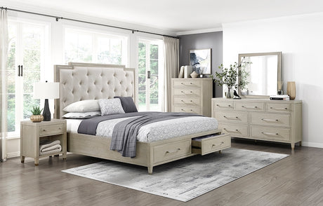 Genoa Light Oak Storage Bedroom Set with Tufted Upholstered Bed – Homelegance - sold by Home Elegance USA