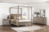 Marceline gray oak canopy bedroom furniture set by Homelegance including platform bed, dresser, nightstand, and chest