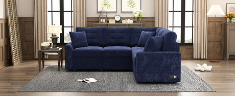 Navy Blue L-shape Sofa Bed with Pull-out Sleeper, USB Ports, Power Sockets, Corded Velveteen, 82.6' - sold by Home Elegance USA