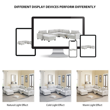 Chenille U Shaped Sectional Sofa with Acrylic Table Top, USB Charger, Storage Drawers, Pockets and Movable Ottoman - sold by Home Elegance USA
