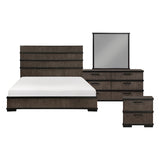 Wooden bedroom set with bed, dresser, and mirror on a white background