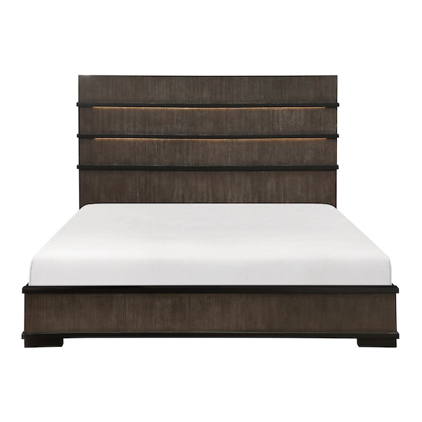 Wooden bed frame with white mattress on a white background