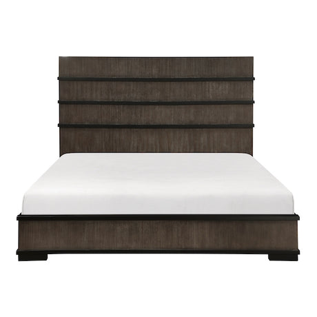 Bed with a dark wooden frame and white mattress on a white background