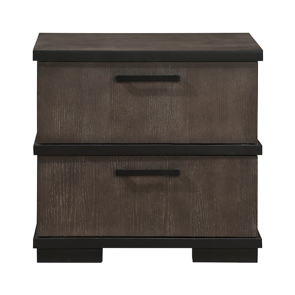 Dark brown nightstand with two drawers on a white background