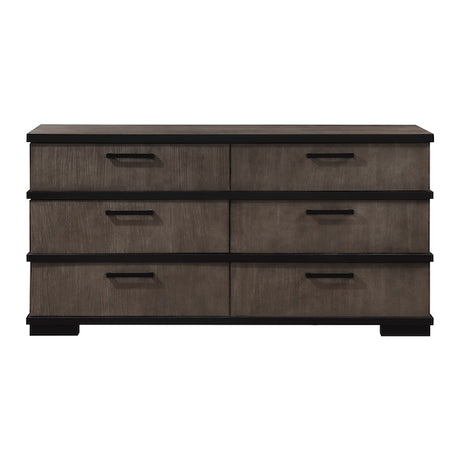 Wooden dresser with six drawers on a white background