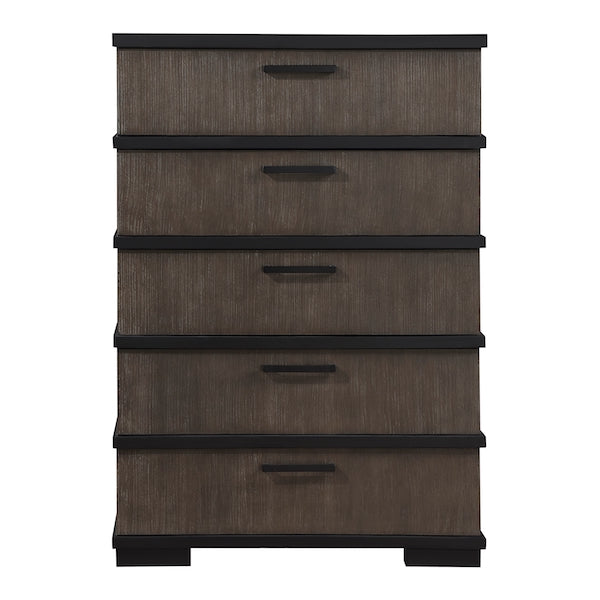 Wooden dresser with five drawers on a white background