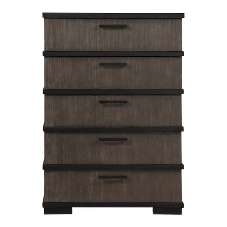 Wooden dresser with five drawers on a white background