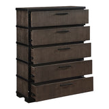 Dark brown dresser with five drawers on a white background