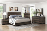 Acworth two-tone brownish gray and black bedroom set with LED headboard and matte black hardware. Includes bed, dresser, mirror, nightstand, and chest. Dimensions up to 80W × 87D × 60H.