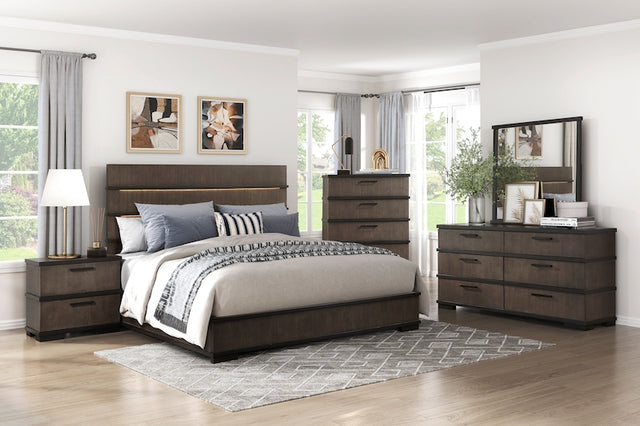 Acworth two-tone brownish gray and black bedroom set with LED headboard and matte black hardware. Includes bed, dresser, mirror, nightstand, and chest. Dimensions up to 80W × 87D × 60H.