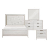 White bedroom furniture set with bed, dresser, and nightstand on a white background