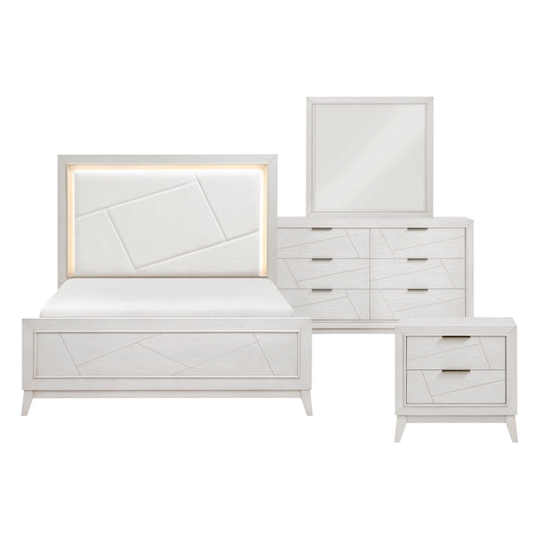 White bedroom furniture set with bed, dresser, and nightstand on a white background